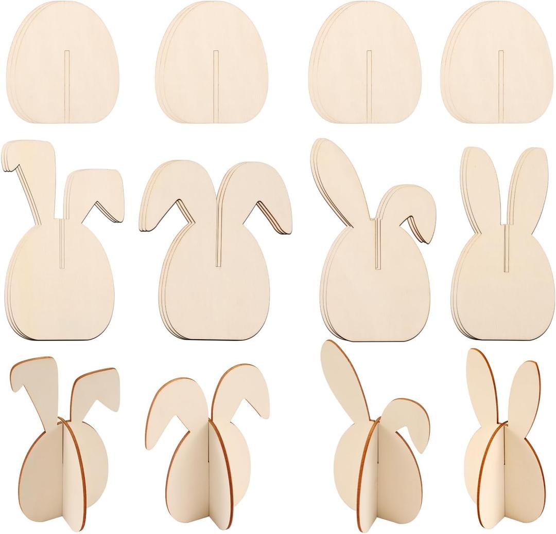2 x 24Pcs Wood Rabbit Crafts to Paint, Bunny DIY 3D Paintable Unfinished Wooden Slices for Craft, Rabbits Cutouts Ornaments for Easter Decorations (Bunny)