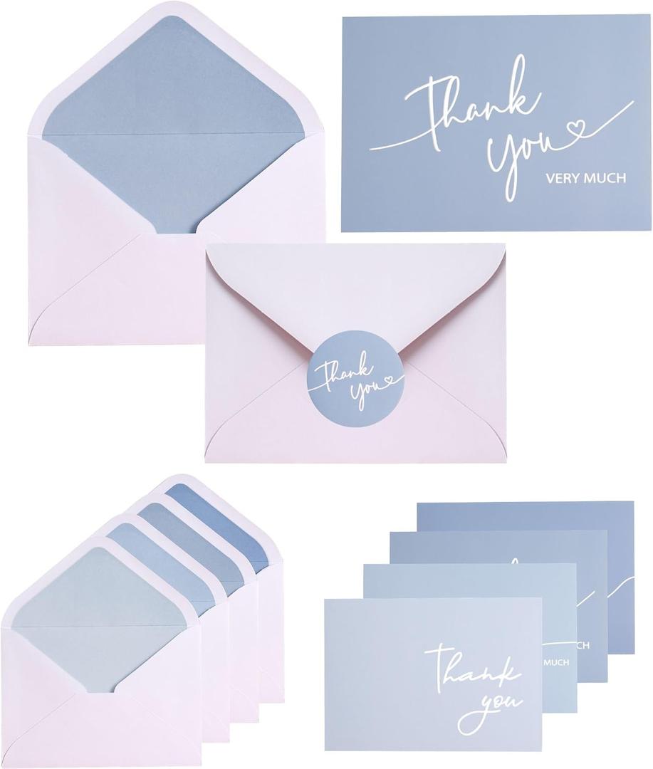 Winoo Design 100 PK Blue Thank You Cards with Envelopes Bulk - 5 x 3.5 Inches Personalized Thank You Notes for Baby Shower Wedding Small Business Graduation Funeral Birthday