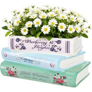 Book Planter Pot, Ceramic Book Shaped Decorative Planter with Drainage Hole, Small Literary Planter Unique Flower Vase Bookshelf Accent for Home Decor Gifts