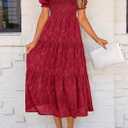 PRETTYGARDEN Women's 2025 Summer Casual Midi Dresses Square Neck Short Sleeve Smocked A Line Floral Flowy Elegant Boho Dress (Red, S)