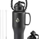 Insulated Water Bottle 40oz (Cold for 48 Hrs), Stainless Steel Water Bottle with Handle & Straw Lid & Paracord Handle, Triple Wall Vacuum Leakproof Travel Flask, Fit in Any Car Cup Holder (Magic Black)