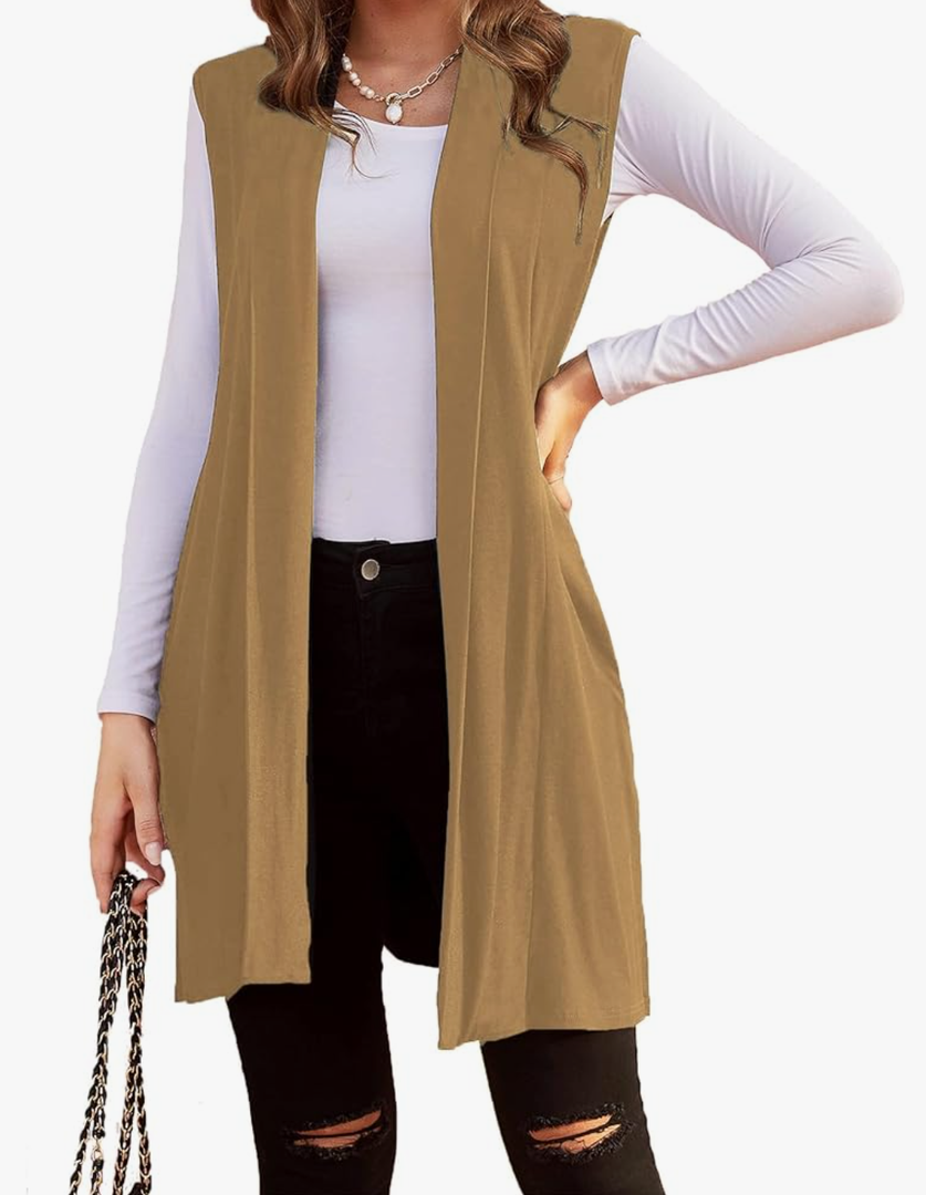 Womens Long Vests Sleeveless Draped Lightweight Open Front Cardigan Layering Vest with Side Pockets size S