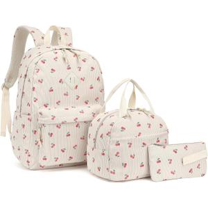 Corduroy School Backpack Girls Kids Teens School Bookbags Schoolbag Set with Lunch Box Pencil Bag