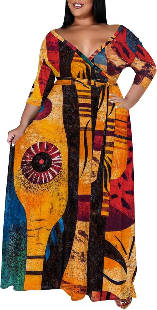 Women's Plus Size Maxi Dresses Casual Loose Short Sleeve Long Maxi Dress with Belt Wedding (XX-Large, Africa)