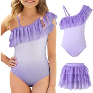 Mikrdoo Girls One Piece Swimsuit with Skirt One Shoulder Ruffle Bathing Suit Teen Adjustable Strap Swimwear Modest Beach Outfits for Size 11-12 Years Purple