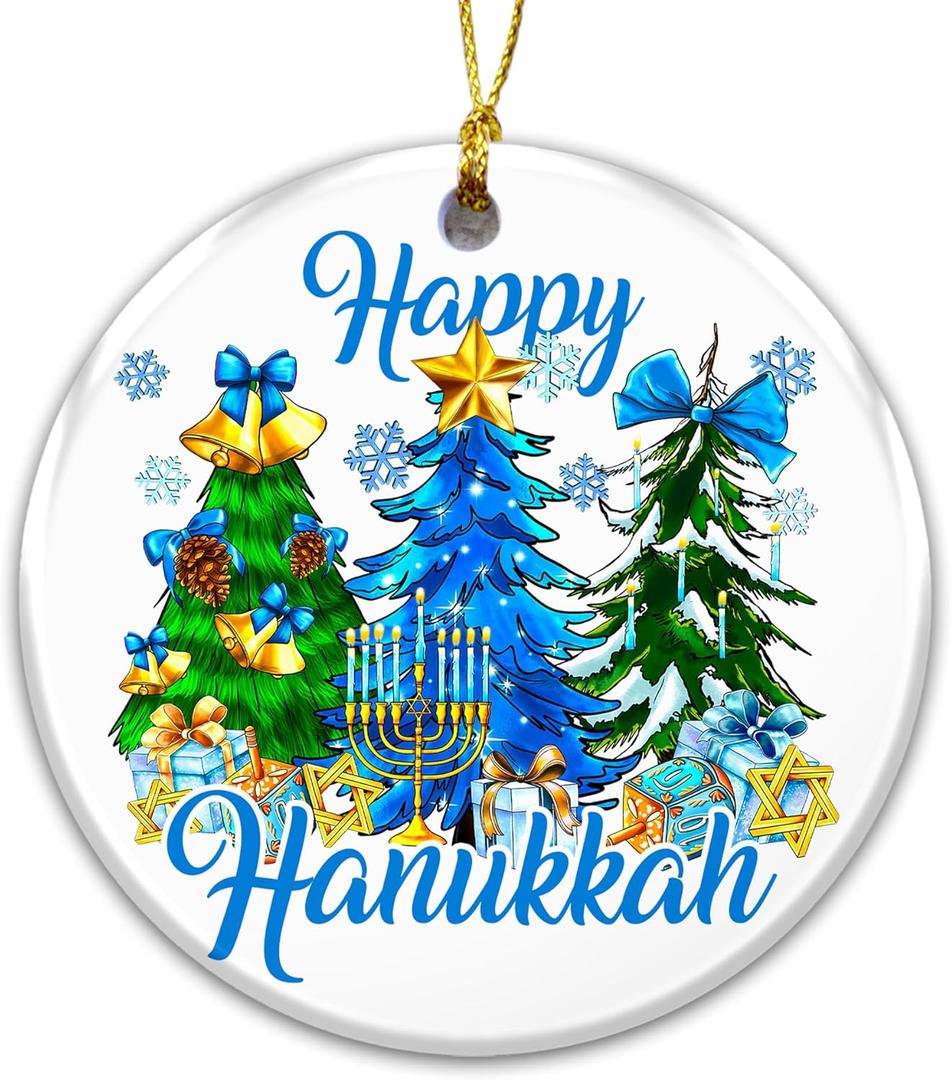 6 x Happy Hanukkah Ornament 2025  White Elephant Gift with Menorah, Stars of David & Festive Trees  Ceramic Round Hanukkah Decoration, Jewish, Home & Party Keepsake
