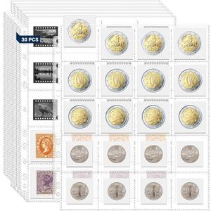 600 Pockets Acid Free Coin Sleeves, Non Stick and Non Glare, Fit for Coin Flips 2x2 inch, 3 Ring Binder Sleeves Clear Plastic Stamp Collecting Supplies, 30 Pack