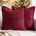 MIULEE Christmas Decorative Throw Pillow Covers for Couch Bed Livingroom 18x18 Inch Set of 2 Burgundy Boho Accent Throw Pllows Broadside Striped Patchwork Soft Corduroy Pillowcases