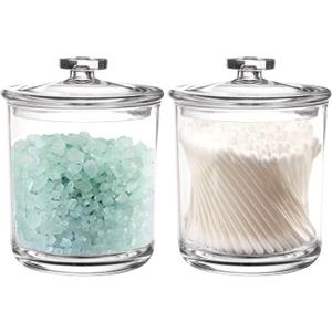 Youngever 2 Pack 15 Ounce Clear Plastic Apothecary Jars, Qtip Holder, Cotton Swab Holder, Bathroom Vanity Organizer for Cotton Balls, Cotton Swab, Qtips