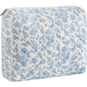Cute Floral Makeup Bag Large Cotton Quilted Cosmetic Bag, Aesthetic Essential Bag Toiletry Period Bag for Women Travel Accessories (Blue Floral)