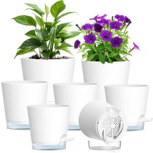 Meowell Self Watering Pots Set of 7 Assorted Size 4" to 8" Indoor Plant Pots with Drainage Holes and Clear Reservoir for Visible Water Level, Plastic Wicking Planter for House Plants & Flower, White