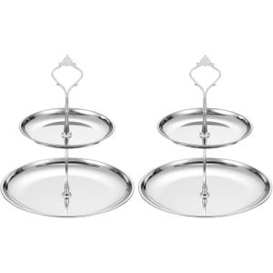 uxcell 2 Sets 2-Tier Cupcake Stand Holder, Round Tiered Serving Tray Stainless Steel Cup Cake Stand for Dessert Fruit Table Birthday Party Decoration Display, Silver