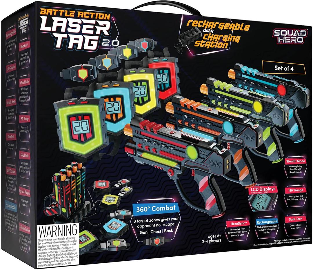 Squad Hero Rechargeable Laser Tag 360 Sensors + LCDs - Set of 4 - Easter Gift Ideas for Kids Teens and Adults Boys & Girls Family Fun - Cool Teenage Lazer Group Activity, Teen Gifts Ages 8+ Year Old