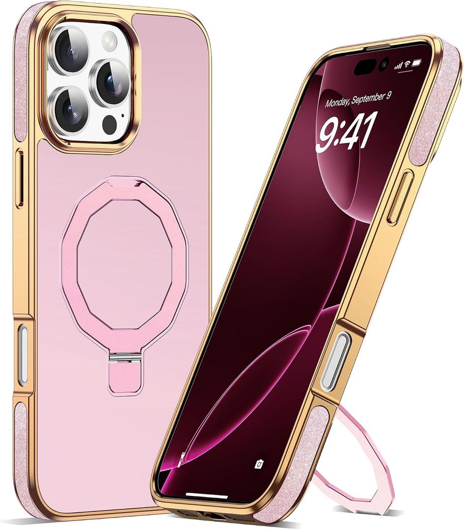 Compatible with iPhone 16 Pro Case with Invisible Magnetic Stand, Compatible with Mag-Safe Luxury Phone Case for iPhone 16 Pro [Plating Gold Edge & Leather Inlay], Rose Gold