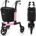3 Wheel Walkers for Seniors, Foldable Rollator Walker with Tray & Large Storage Bag, 10" Big Wheel for All Terrain, 350 lb Weight Capacity, Pink