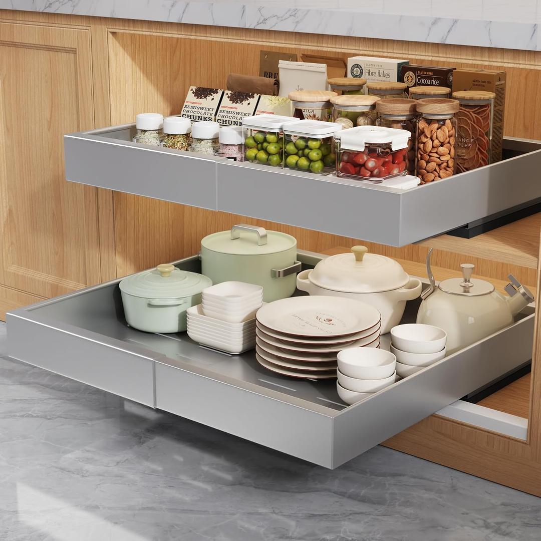 Seinloes 2 Pack Pull Out Cabinet Organizers 21"Deep With Raising Pad for Framed Cabinets,Expandable Slide Out Drawers Upgrade 3 Slide Rails,Roll Out Shelves Adhesive,Adjustable Width 12"-20.45" Silver