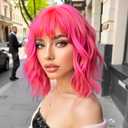 AGO Pink Wigs with Bangs Pastel Bob Wig Shoulder Length 14Inch Synthetic Hair for Women Girl Heat Resistant Fiber Wig for Daily Party Halloween Cosplay Use(XT2124#HotPink)