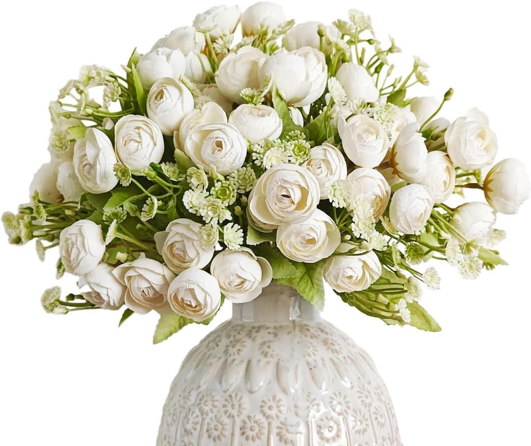 Letjolt Artificial Ranunculus Flower White Silk Flowers Faux DIY Bouquet for Wedding Engagement Centerpieces Arrangements Bridal Shower Decorations Home Decor, White
