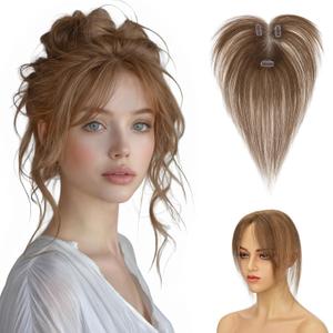 Hairro Human Hair Toppers For Women No Bang Middle Part Side Bangs Hair Clip Wispy Thin Short Wiglet Hairpieces 11 Inches 14g #04 Medium Brown
