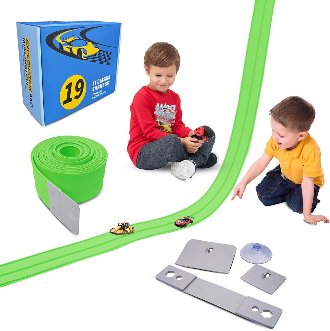 18Ft Flexible Race Track for Kids, with Three Types of Hooks,Monster Blue Truck Ramp with Suction Cups - Rolls Up Portable DIY Racetrack Compatible with Diecast 1/64th Cars Model (Green)