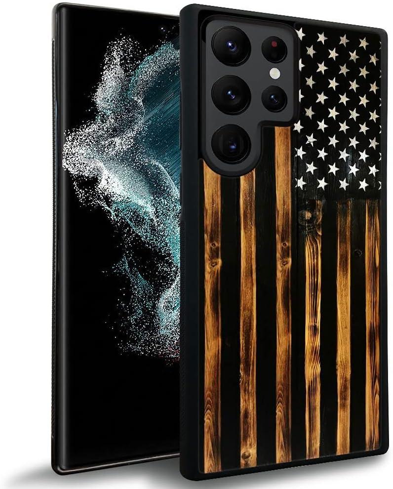 DJSOK Case for Samsung Galaxy S22 Ultra,Luxury Pattern Design Shockproof Rugged Cover,Cases for Man Woman-Classic Wood Grain Old Flag