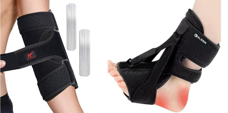 Set of 2: Plantar Fasciitis Night Splint and Brace, Upgraded Planters Facetious Relief, Foot Drop and Achilles Tendonitis Relief Brace. Night Splint for Plantar Fasciitis Women and Men, Black + Hurmoya Elbow Brace for Tendonitis, Tennis Compression Sleeve with Adjustable Metal Splints, Medium