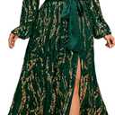 Women's Plus Sized Long-Sleeved Sequined Dress V-Neck Design high Slit Oversized Skirt Formal Ball Gown Party Evening Dress (Green, XXXL)