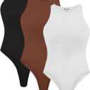 Cyanstyle Womens 3 Piece Bodysuits Sexy Sleeveless Racer Back High Neck Double Lined Bodysuit Tank Tops (Small, Black White Cappuccino)