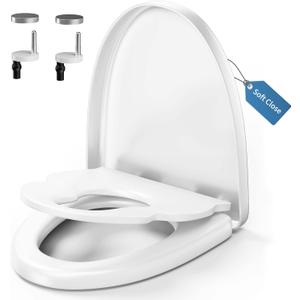 Family Toilet Seat with Soft Close, White Toilet Lid with Adjustable Hinges, with Built-in Child Seat 2-in-1, Easy Installation and Easy to Clean (Elongated with Toddler Seat)