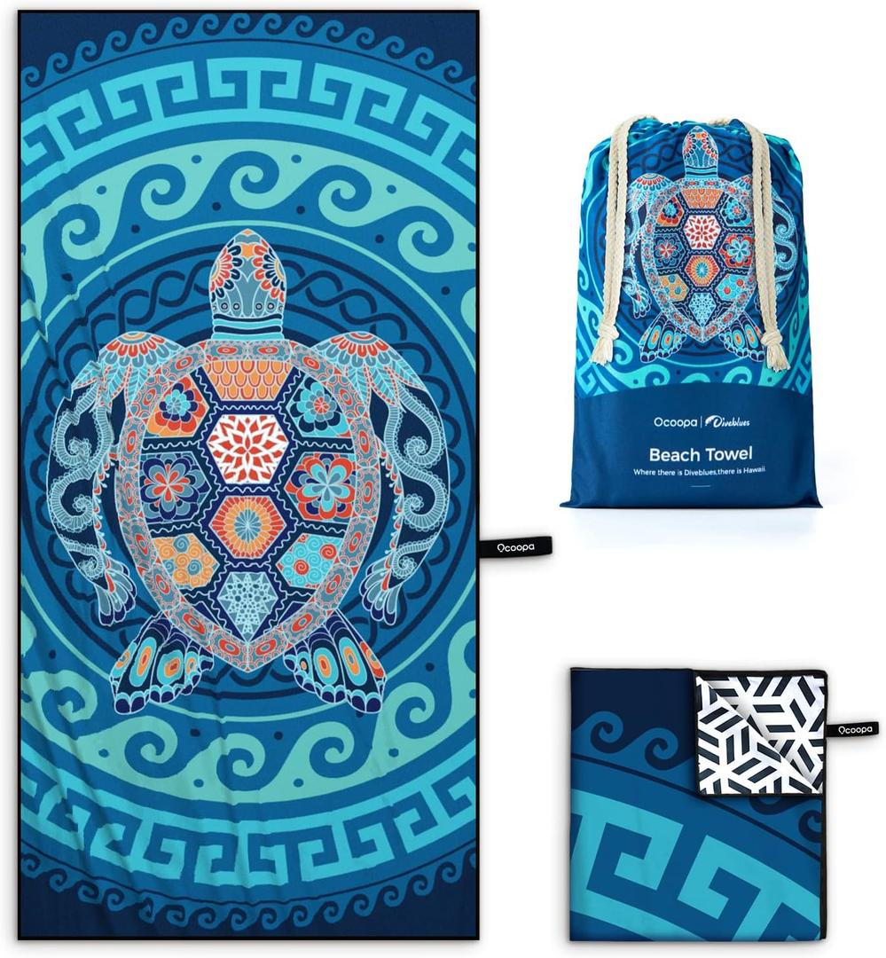 OCOOPA Microfiber Beach Towel Fast Drying, Extra Large 63" x 31" Sand Free Beach Towel Super Lightweight Towels for Swimming Pool, Camping, Picnic, Yoga Gym Sports (Energy Turtle)