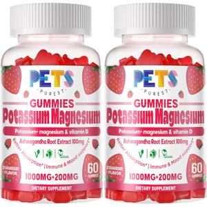 2 x Potassium Magnesium Gummies - High Absorption Magnesium Glycinate & Potassium Citrate Plus Omega 3, B6, D3, K2 & Calcium - Chewable Gummy for Leg Cramps, Immunity & Energy Strawberry 120 Gummies
