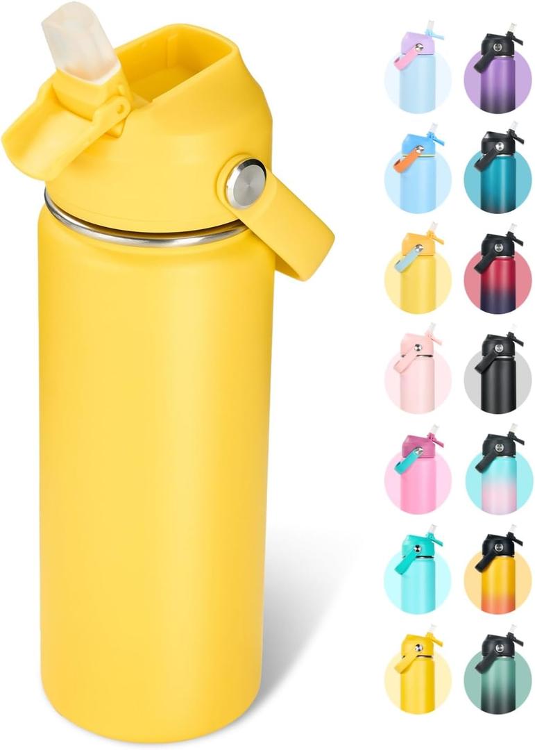 Fijinhom 18oz Insulated Stainless Steel Water Bottle, Wide Mouth Double Wall Vacuum, Silicone Straw, Sweat & Leak Proof, BPA Free Insulated Water Flask for Travel, Keep Cold 24h Hot 12h, Yellow
