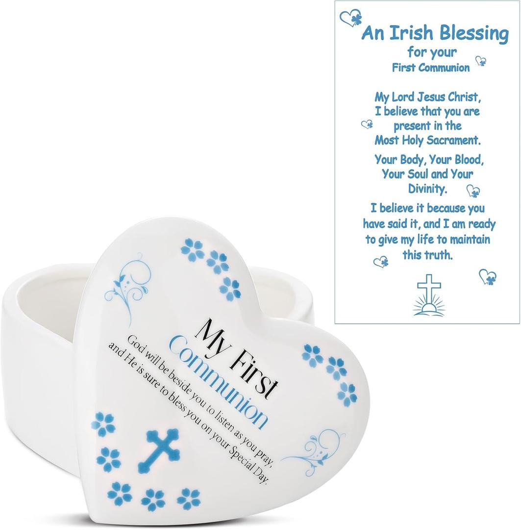 Funtery First Communion Gifts for Girls Ceramic Jewelry Keepsake Box with a Pray Card 1st Holy Communion Gifts for Girls Boys(Heart,Blue)