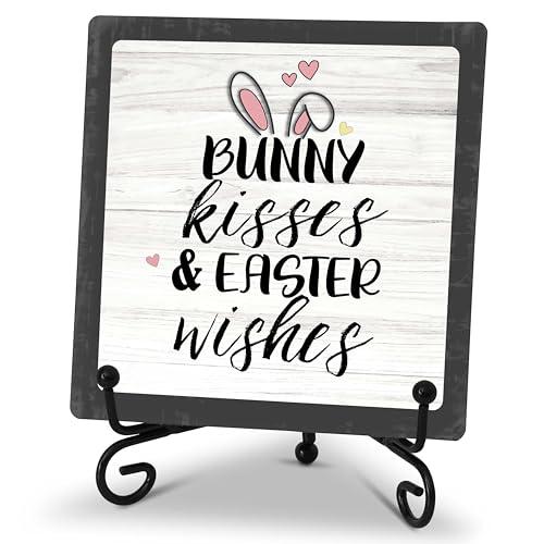 Happy Easter Decor, 5" x 5" Rustic Wood Plaque with Stand for Home Table Decorations, Bunny Kisses Easter Wishes Christian Gifts for Women