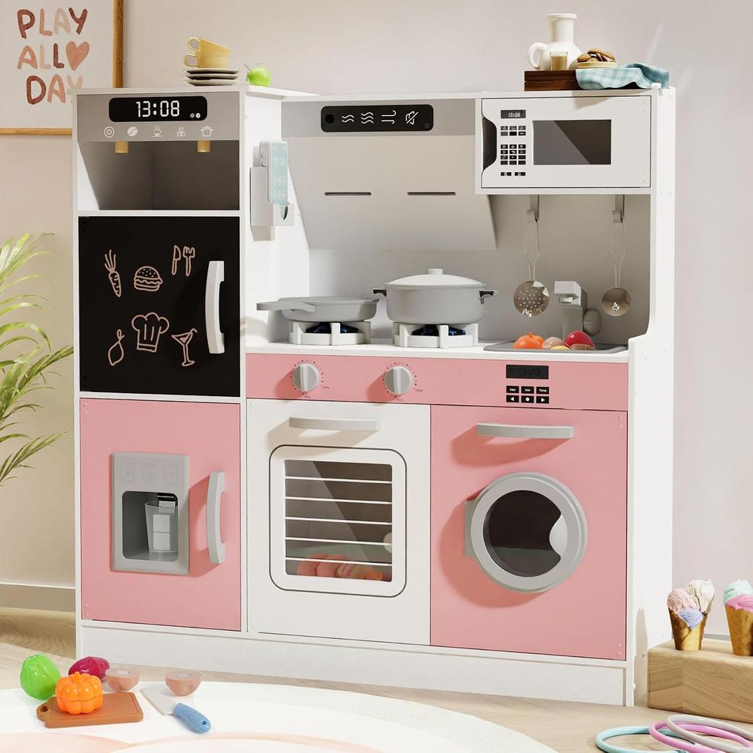 BIERUM Play Kitchen with Realistic Lights & Sounds, Wooden Kitchen Playset with 28 Pcs Toy Food & Cookware Accessories, Toy Kitchen with Plenty of Play Features, Idea Gift for Boys and Girls Ages 3+, Large