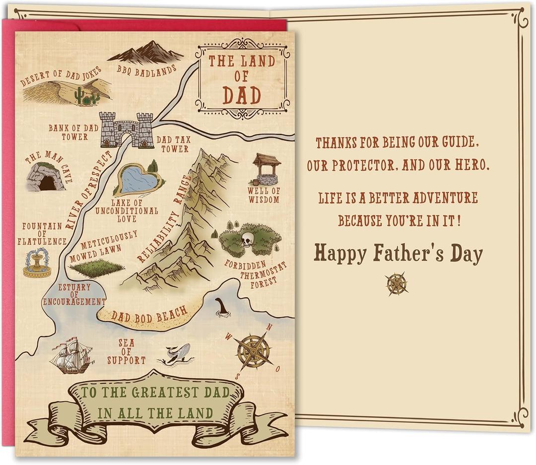 2 x Funny Fathers Day Card Gift for Dad, Land of Dad Vintage Map Design, Unique Father’s Day Gift from Kids Daughter Son, Happy Fathers Day Humor Cards