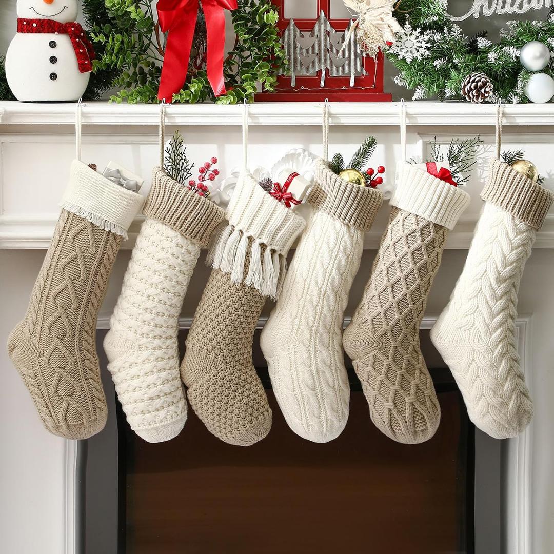 6 Pcs Christmas Stockings 18" Cable Knit Neutral Stockings Rustic Farmhouse Fireplace Xmas Decor Handmade Boho Knit Socks for Mantel Tree Wall Holiday Decorations(Ivory and Linen)