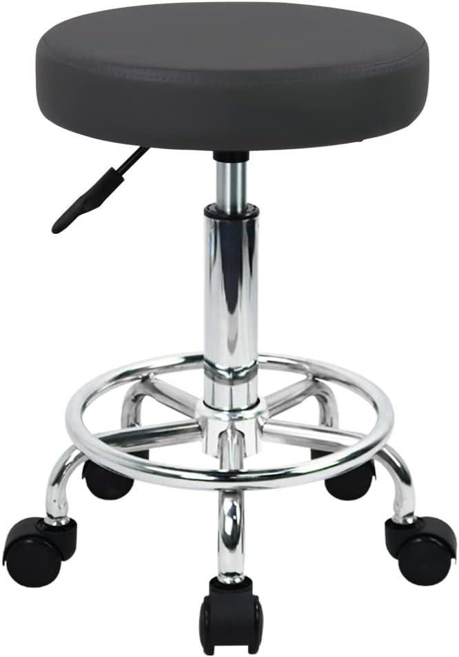 Round Rolling Stool with Footrest PU Leather Height Adjustable 360 Swivel Stool with Wheels Office Stool Chair Home Drafting Work Studio Shop SPA Salon Small (Grey)