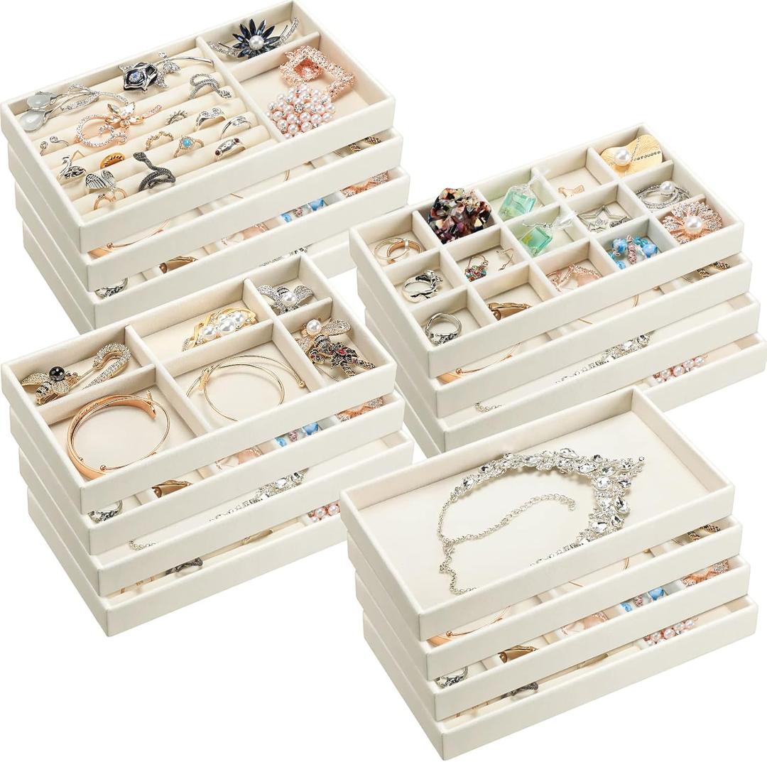 Kenning 16 Pcs Stackable Jewelry Organizer Trays for Drawers, Velvet Jewelry Drawer Inserts Trays Earring Organizer, 8. 3x5x1 Inch Dresser Ring Easter Earring Storage Display for Women Teacher Gifts