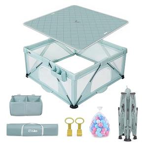 iTiLike Foldable Baby Playpen, Foldable Baby Playpen, Play Yard for Babies&Toddlers Indoor Outdoor 50 Ocean Balls and Play Mat Included, 2 Pull-Up Rings, Storage Bag, Visible Breathable Mesh, Size: 63"x47"
