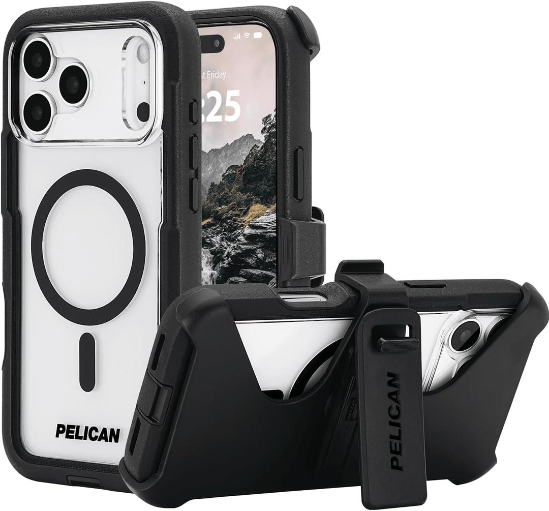Pelican Voyager iPhone 17 Pro Max Case [Compatible with MagSafe] Rugged Phone Case, 24ft Military-Grade Drop Protection - Heavy Duty Cover w/Belt Clip Holster for iPhone 17 Pro Max - Black/Clear