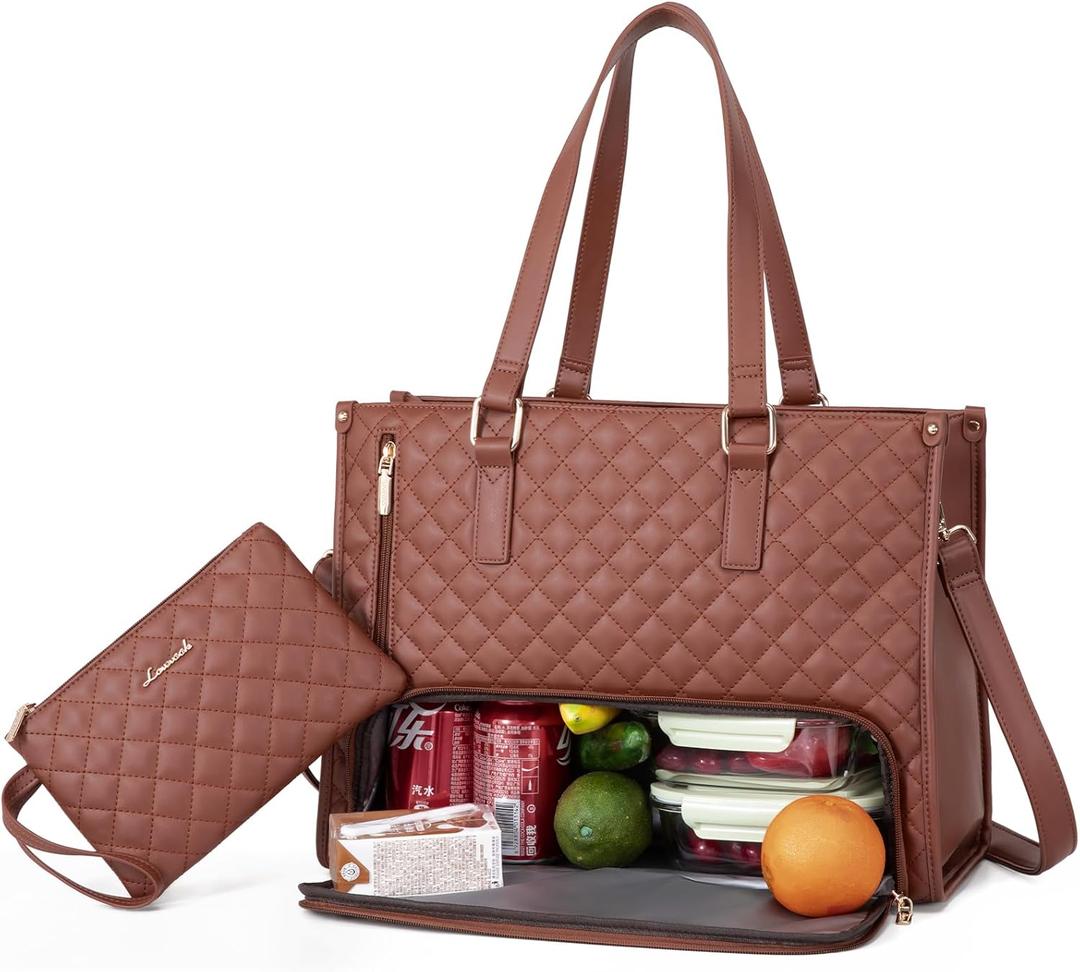 LOVEVOOK Lunch Tote Bag for Women, 15.6 Inch Laptop Bag with Insulated Lunch Compartment, Quilted Large Capacity Computer Handbag with Purse for Business, Work, Nurse, Collage, Office, Casual, Brown
