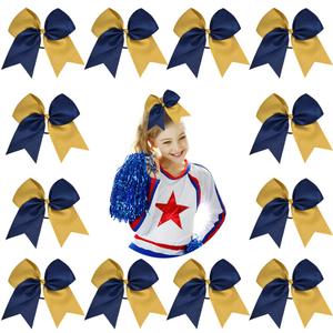 DEEKA 12PCS 8" Two Toned Large Cheer Hair Bows Ponytail Holder Handmade for Teen Girls Softball Cheerleader Sports-Navy Blue/Antique Gold