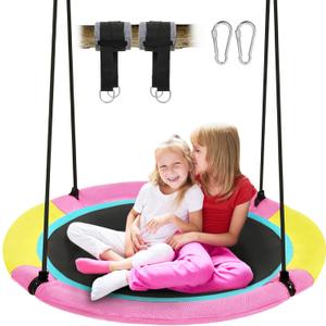 40 Inch Saucer Tree Swing for Kids Outdoor, Textilene Fabric Tear & UV Resistant Waterproof, Round Disc Circle Swing with Adjustable Hanging Straps, Swing Set for Backyard Garden, Pink (40inch | Pink)