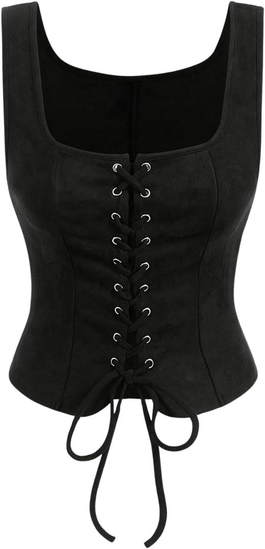 GORGLITTER Women's Sleeveless Western Cowgirl Rodeo Outfit Lace Up Vest Tops Pirate Renaissance Peasant Bodice 2025 Solid Black Medium