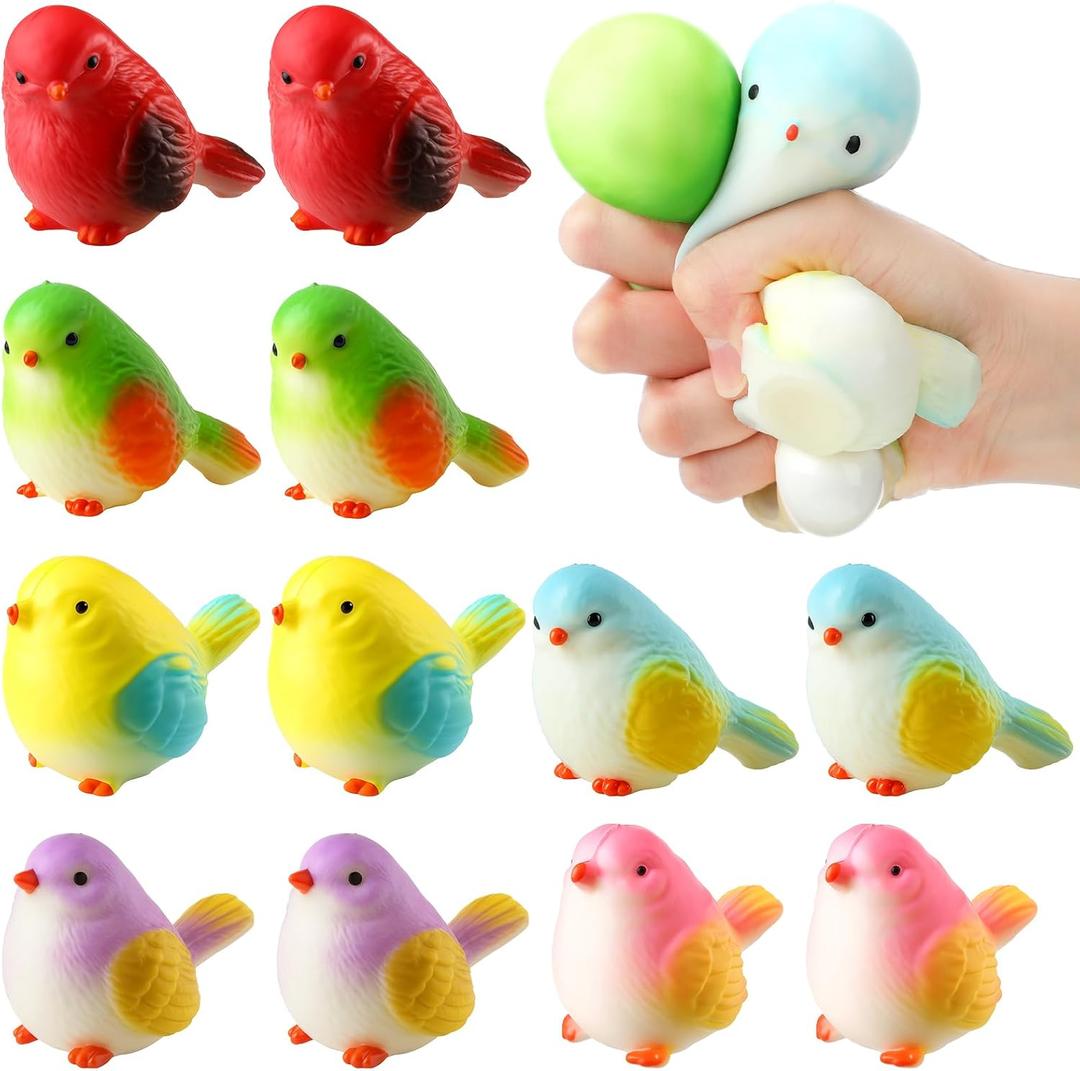 Meooeck 12 Pcs Birds Stress Balls for Adult Mini Birds Fun Squeeze Fidget Animal Balls Cute Party Favors for Birthday Office Stuffer Gift ADHD Autism Anxiety (Colorful)