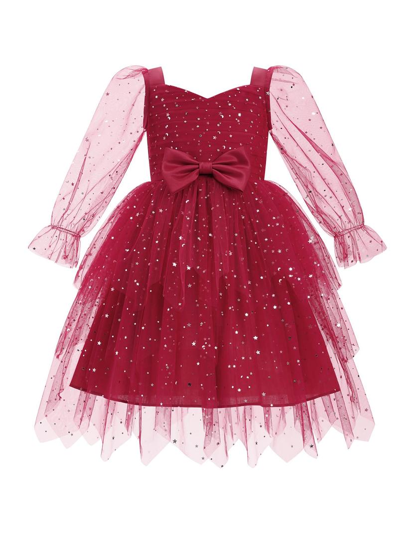 IMEKIS Pageant Dresses for Girls: 4th 5th Birthday Outfit Toddler Prom Gold Sparkly Tulle Tutu Baby Tea Party Formal Wedding Kids Sequin Christmas Fall Winter Long Sleeve Red Stars 4-5T
