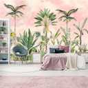 Watercolor Pink Tropical Botanical Leaf Wallpaper Mural for Nursery Girls Bedroom (Not Peel and Stick)