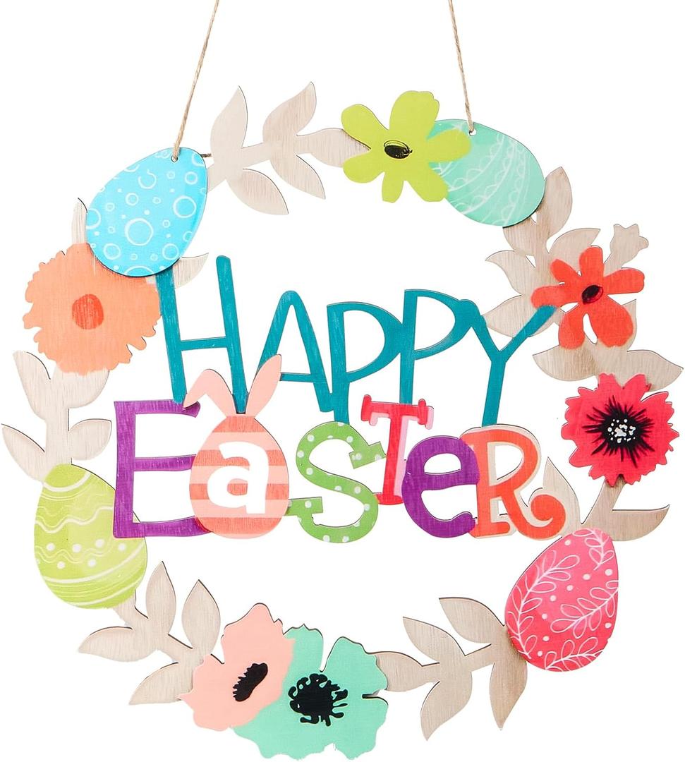 Wooden Easter Wreath for Front Door with Colorful Egg Bunny Happy Easter Decorations Welcome Sign for Wall Decor Home