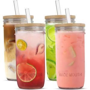 24 oz Glass Cups Set - 4 Pack Glasses Drinking Set with Leakproof Bamboo Lids & Glass Straws, Clear Kitchen Glasses Tumblers for Iced Coffee, Juice and Smoothie